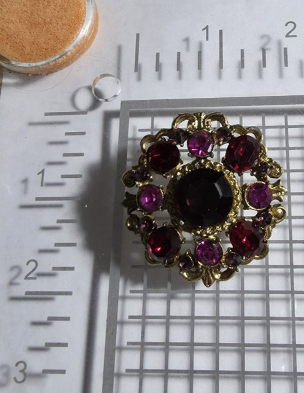 Vtg Unbranded Gold-Tone Pink, Red & Purple Domed Rhinestone Brooch