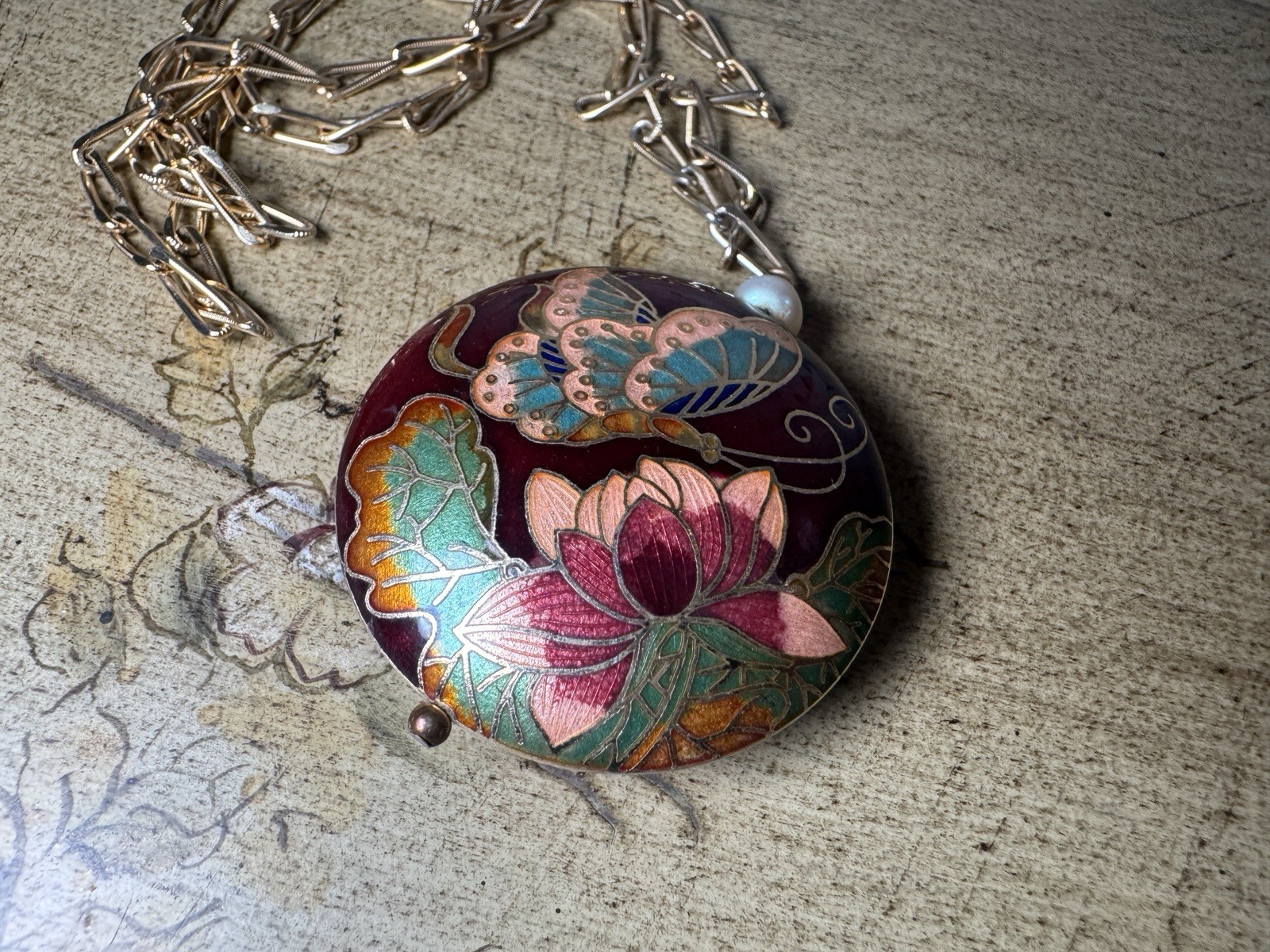 Vintage Cloisonné Butterfly Lotus Pendant Necklace 30” Red Enamel 44g