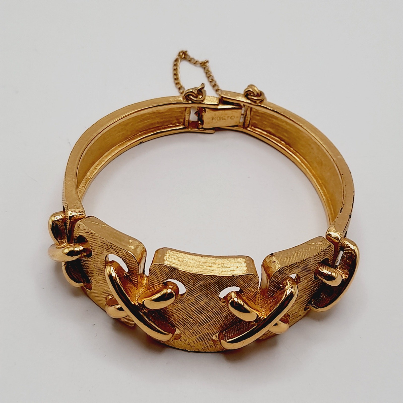 Vintage Monet Gold Tone Panel Bracelet Fold Over Clasp Safety Chain
