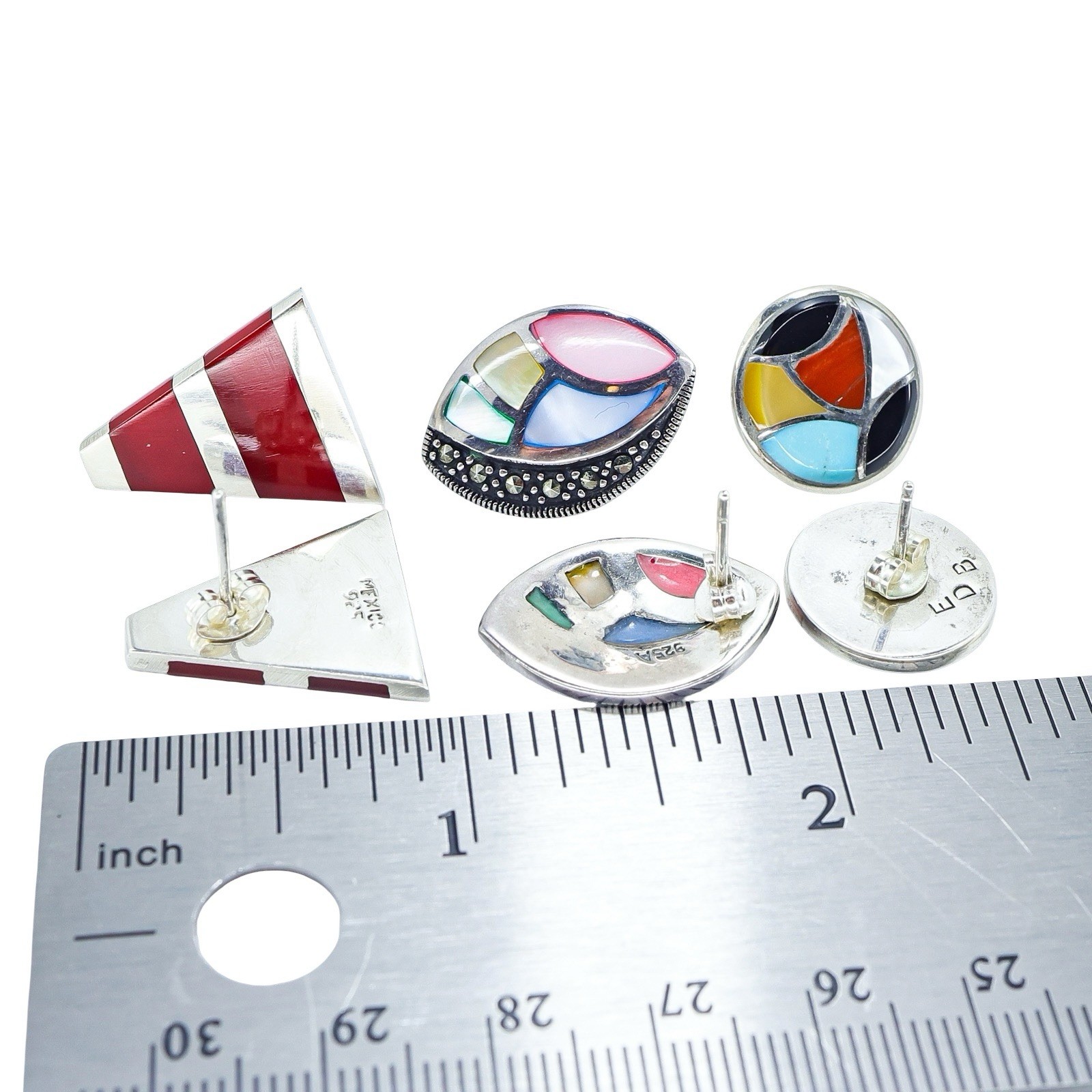 Lot Of 3 Sterling Silver Modernist Stud Earrings W Inlay Multistone Shell Resin