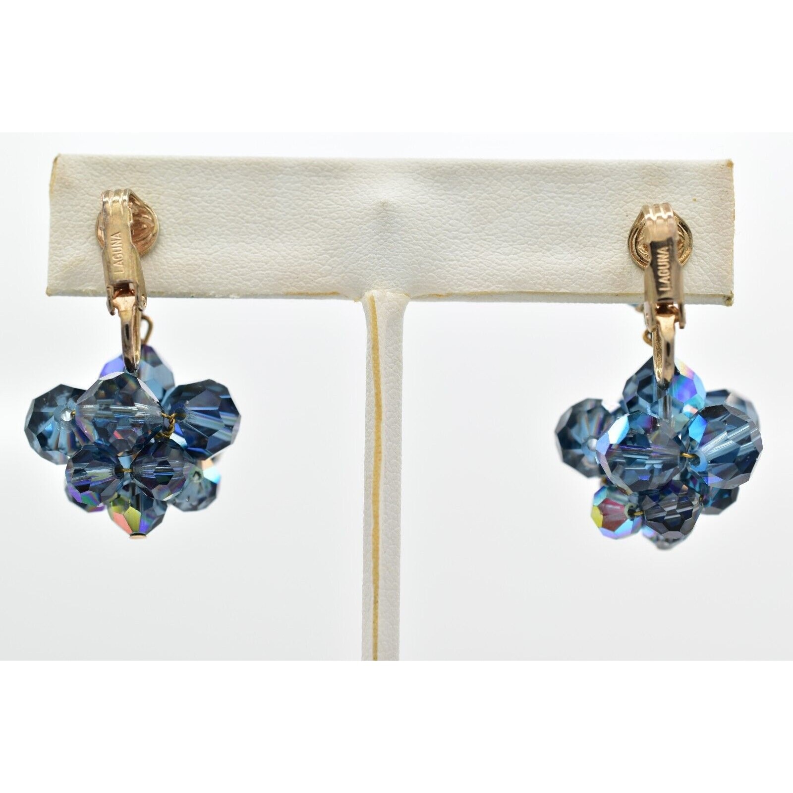 Laguna Vintage Clip On Crystal Earrings Dangle Navy Blue Drop Signed 1950s A24