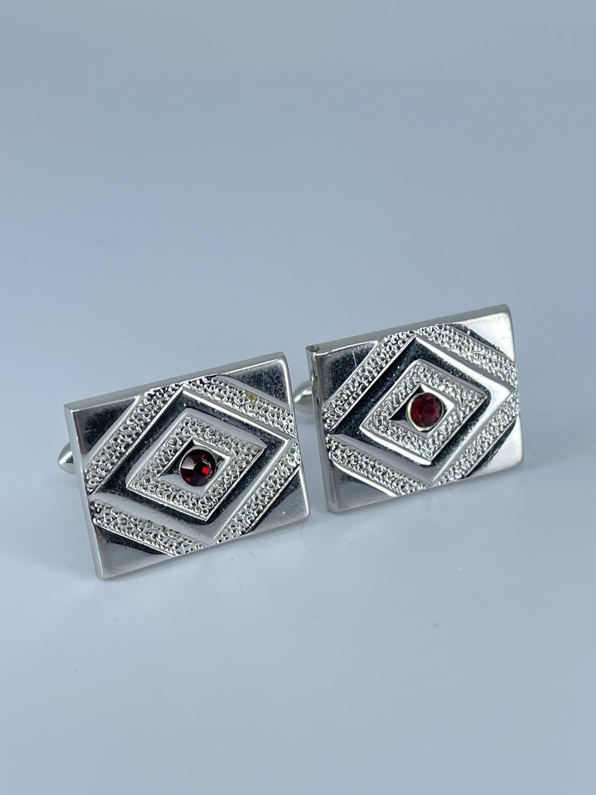 Swank rectangle cufflinks red rhinestone brushed polished silver tone