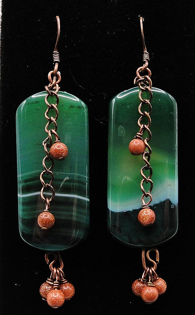 Handmade Copper Wire, Green Moss Agate with Goldstone Accent Beads Hook Earrings