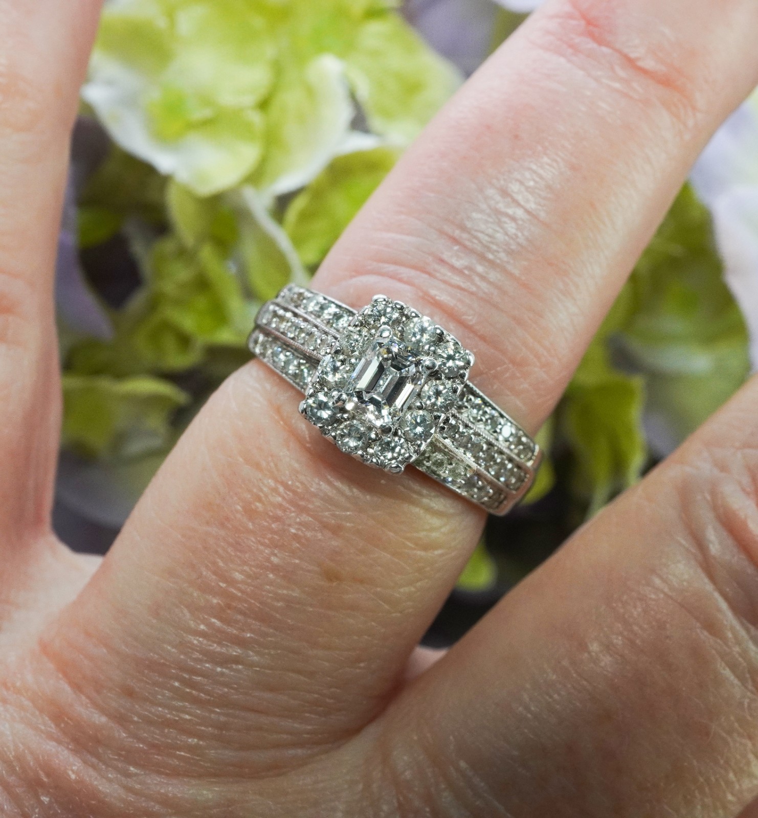 Vintage 14K White Gold Emerald Cut Diamond Halo Engagement Right Hand Ring