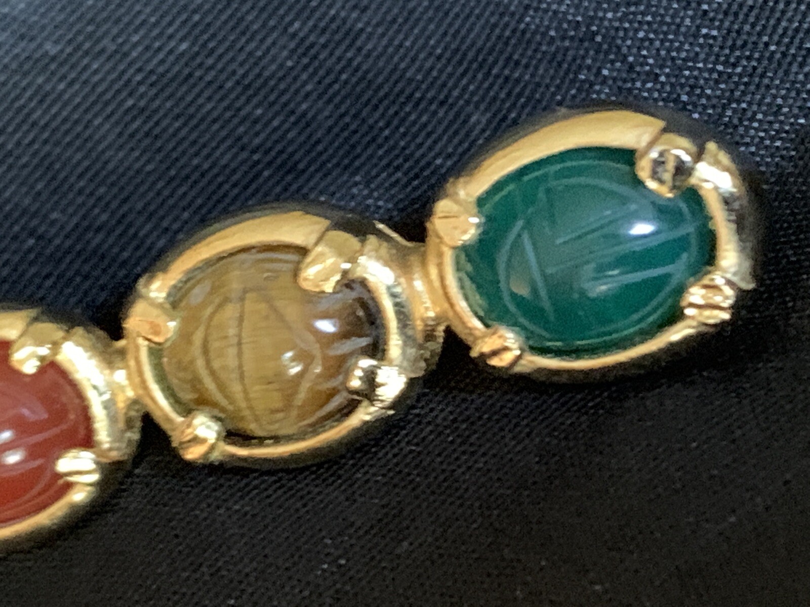 Vintage Multi-Gemstone Carved Scarab Brooch Pin Bar Carnelian Tiger’s Eye & Jade
