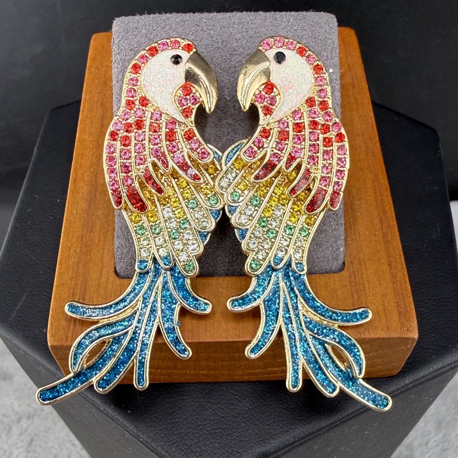 Sugarfix Rhinestone Parrot Pierced Earrings Gold Tone Bird Signed