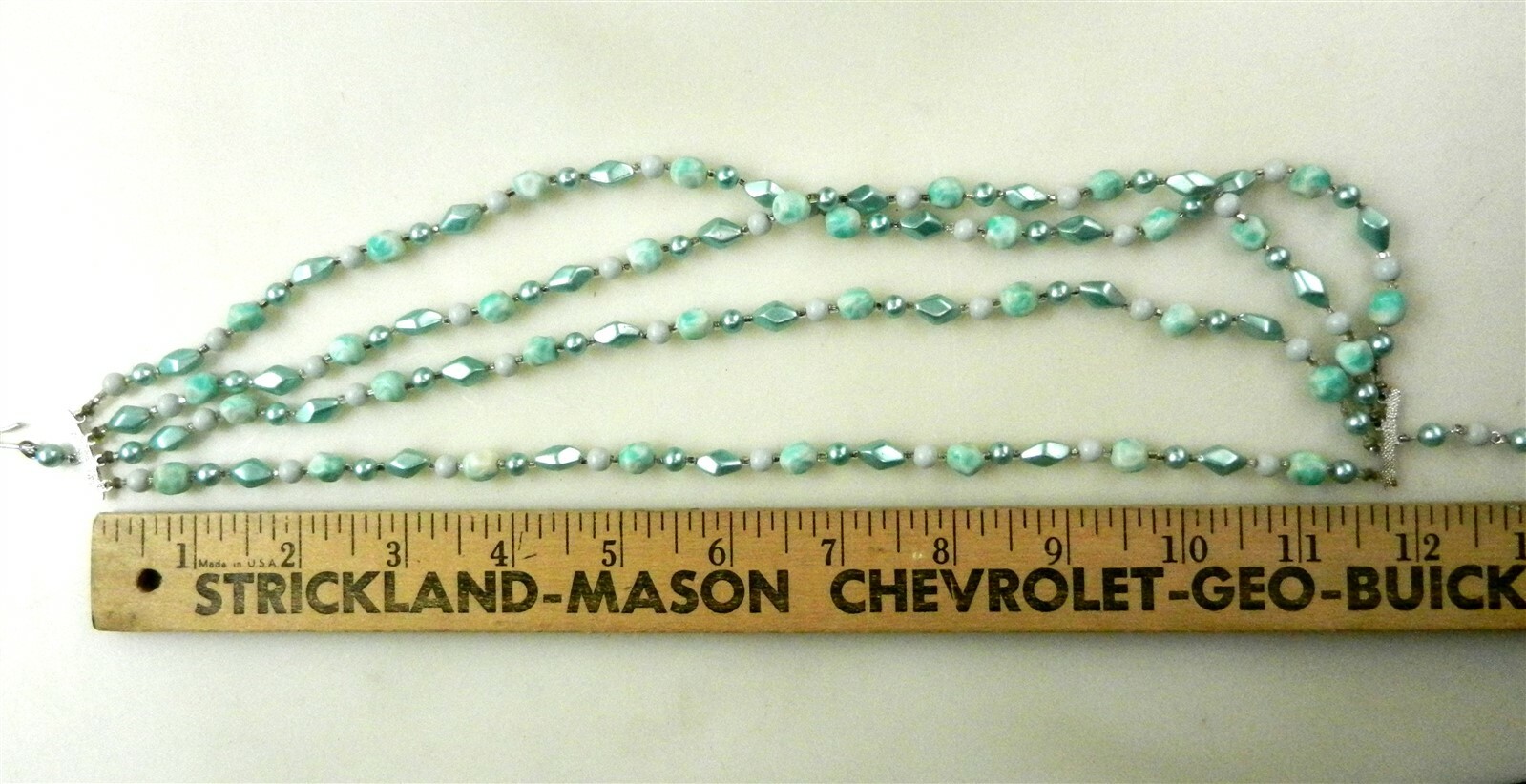 Vtg 4 Strand Necklace w/Earrings Teal Glass Beads Japan 1960’s Clip-on S04B