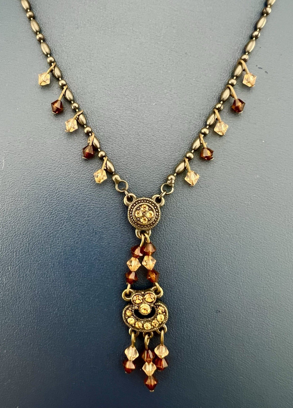 Victorian Revival Necklace Rhinestone Drop Bronze Tone Gunmetal Signed JS 19”