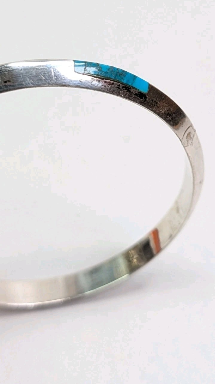 Vintage Turquoise Inlay Bangle Domed Sterling Silver Hinged Opening Size 7.25