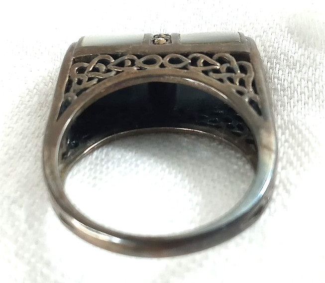 Vintage Women’s 925 Sterling Silver RING MOP Inlay 8.5-9 Filigree Ornate Bridge