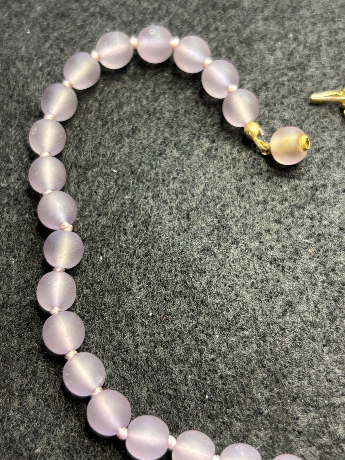 Vintage Lilac Beaded Necklace Gold Tone Push Beaded Clasp & Cross Hand Knotted
