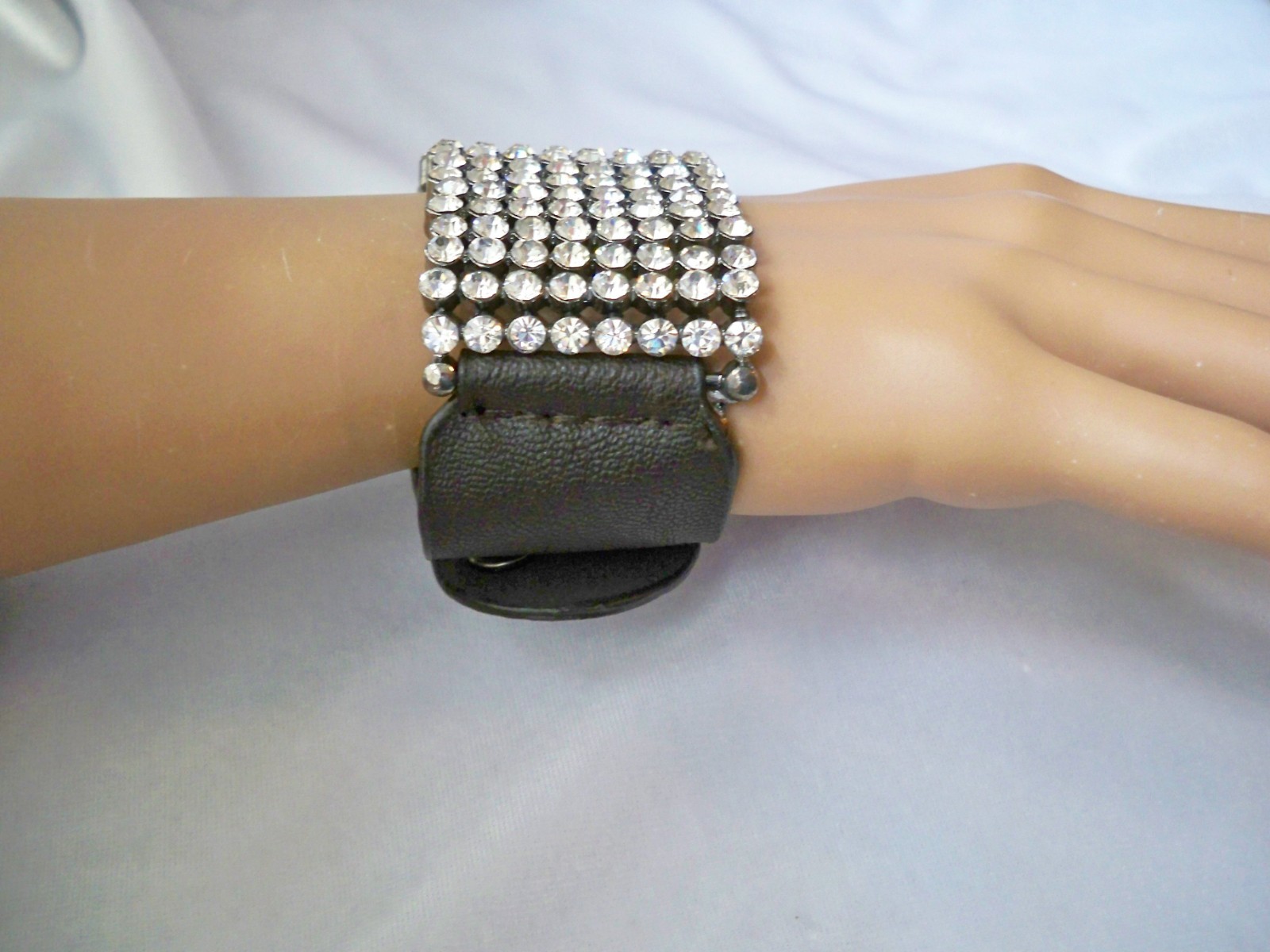Wide 8 Row Pave Set Crystal Rhinestone & Black Faux Leather Snap Bracelet