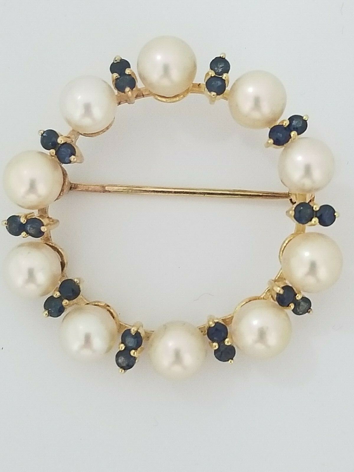 Vintage Antique 14k Yellow Gold Pearl And Blue Sapphire Brooch Pin 39 mm Round