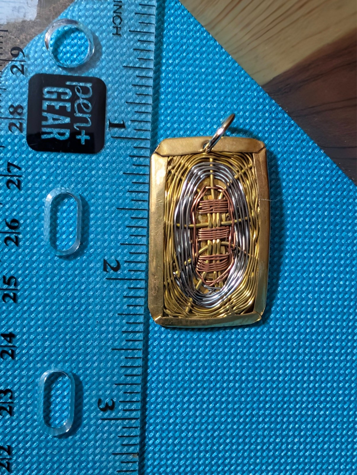 Vintage 60s Modernist Mixed Metal Pendant Brutalist Woven Copper Brass Wire Art