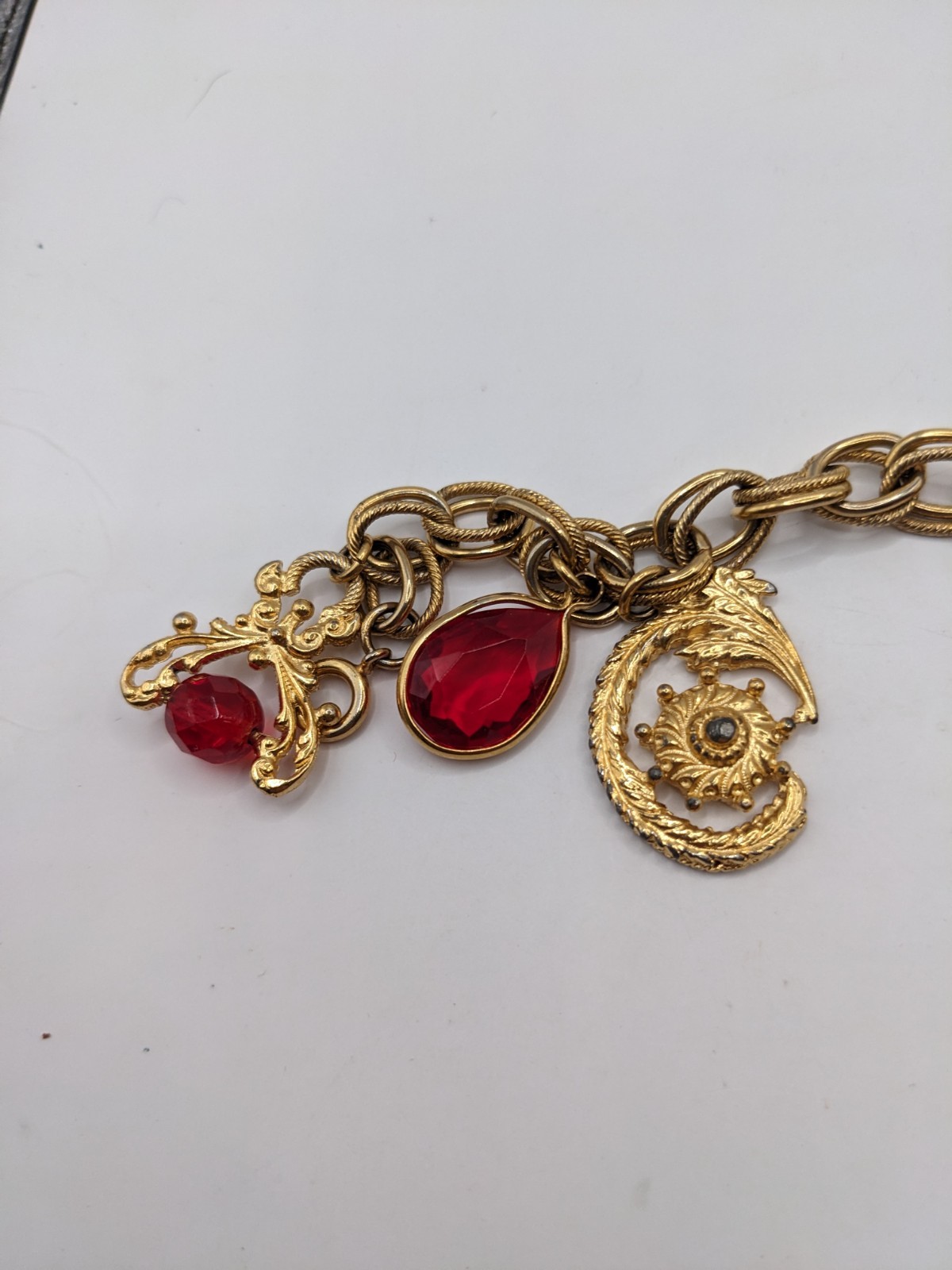 Vintage Jewlery Lot, Charm Bracelet, Brooches,Pin Gold Tone Red, Monet,Granland