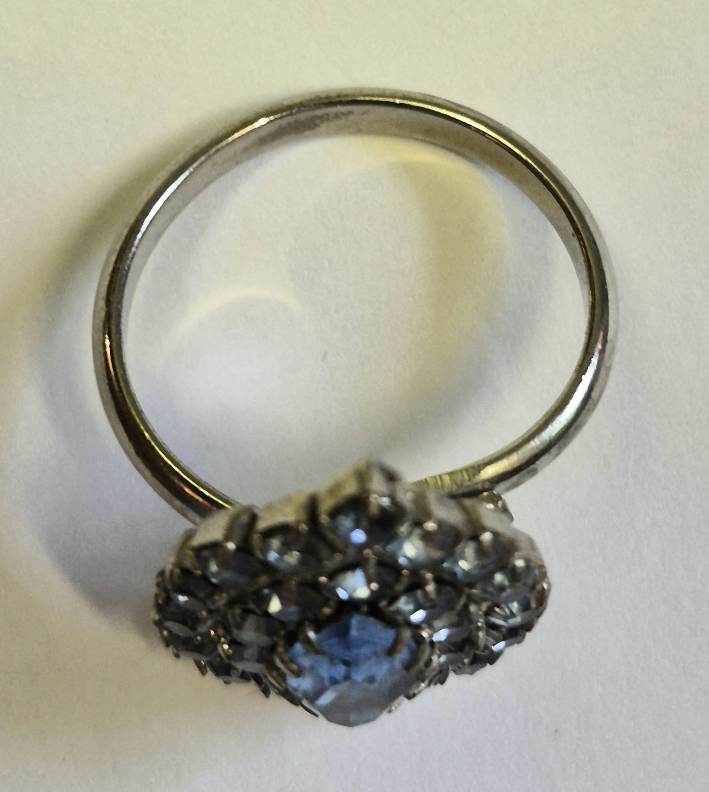 Vintage Blue Rhinestone Marquise Cocktail Ring Silver Tone Adjustable Prong Set