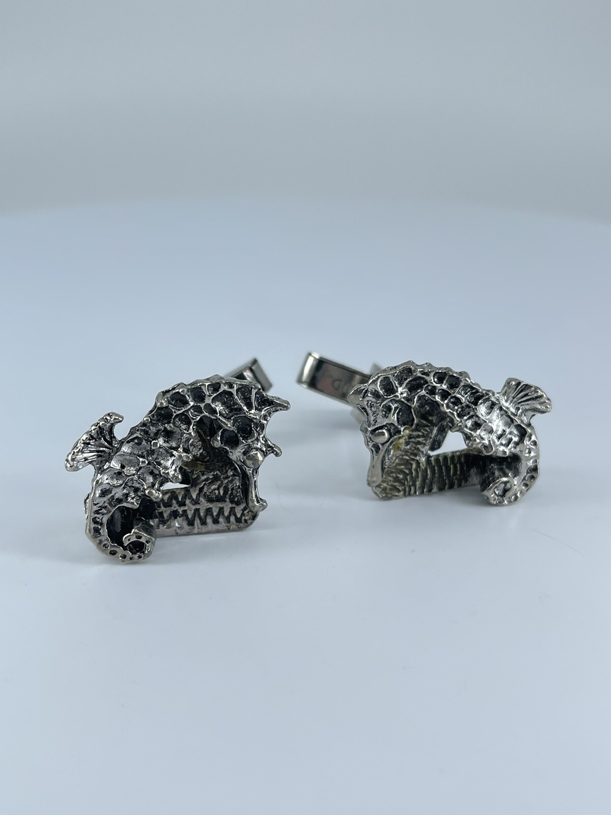 Vintage Seahorse cufflinks silver tone with black enamel accents 1-1/8″