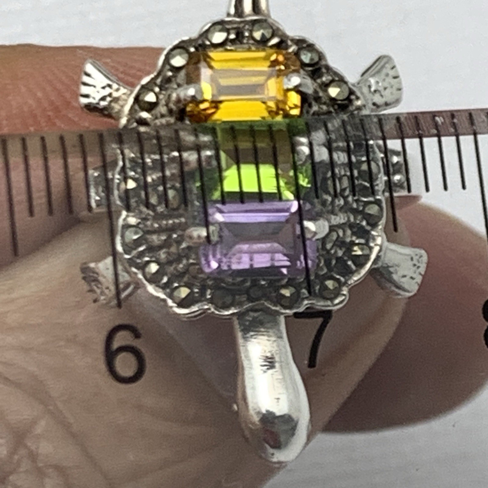 Vtg Turtle Ring w Moving Head 925 Sterling Silver Multi Colored Gem / Marcasite