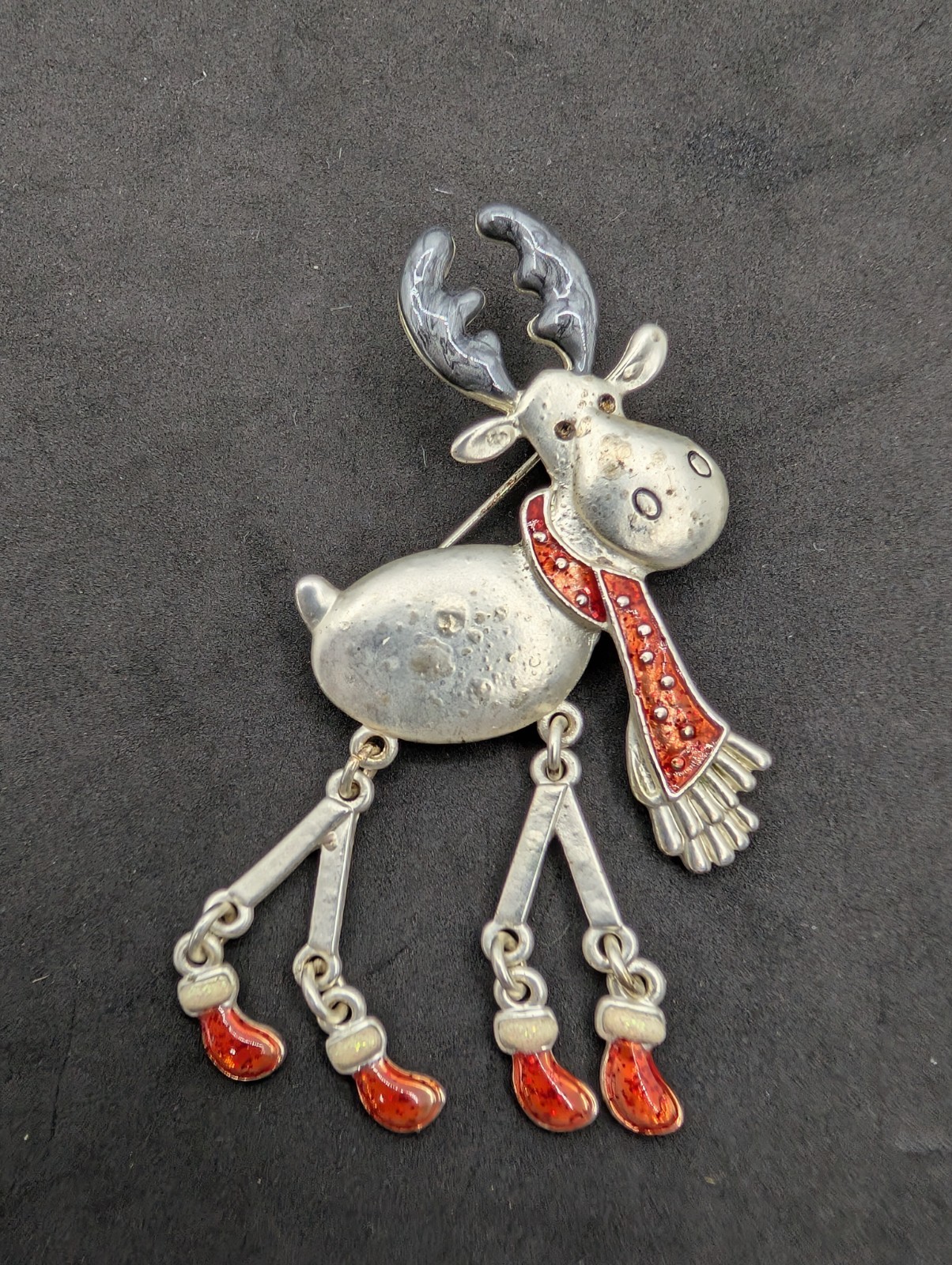 Vintage Reindeer Pin Brooch Leg Dangling Sparkling Enamel Christmas