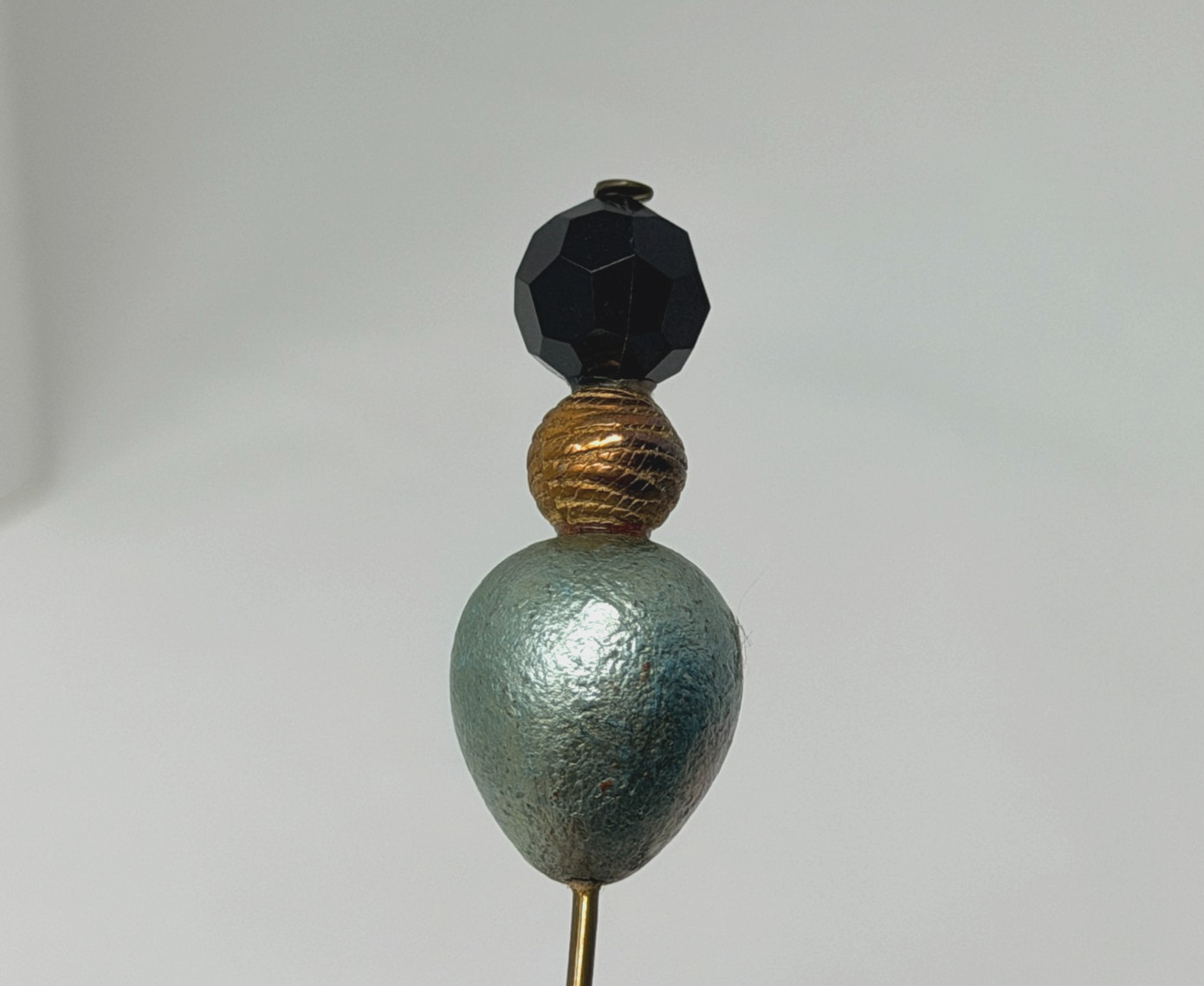 Vintage Gold Tone Light Teal Blue and Black Beaded 4-1/8” Long Hat Stick Pin