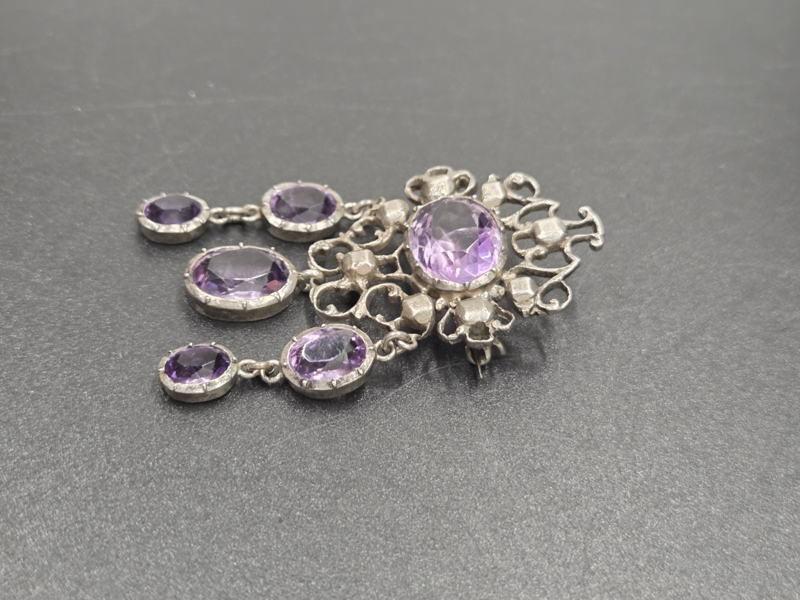 Antique Victorian Sterling Silver Purple Amethyst Dangle Brooch Festoon Pin OOAK