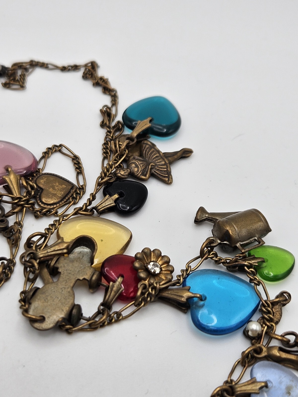 Glass Works Studio Brass Tone Multicolor Glass Dangle Hearts Charm Necklace