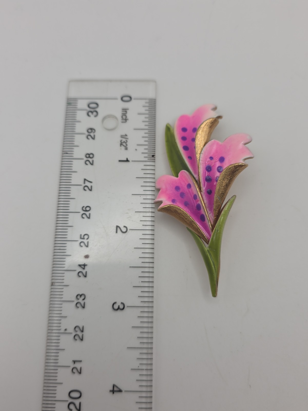 Vintage Corocraft Enameled Pink Purple Lily Orchid Retro Brooch Gold Tone Signed