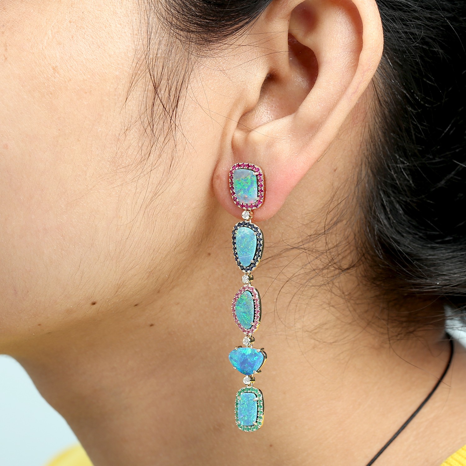 14K Gold Multi Gemstone Opal Drop Dangle Earrings Diamond Ruby Sapphire Emerald