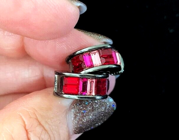 VTG Signed GIVENCHY GUNMETAL Tone HOT PINK Rhinestone Half Hoop Clip Earrings