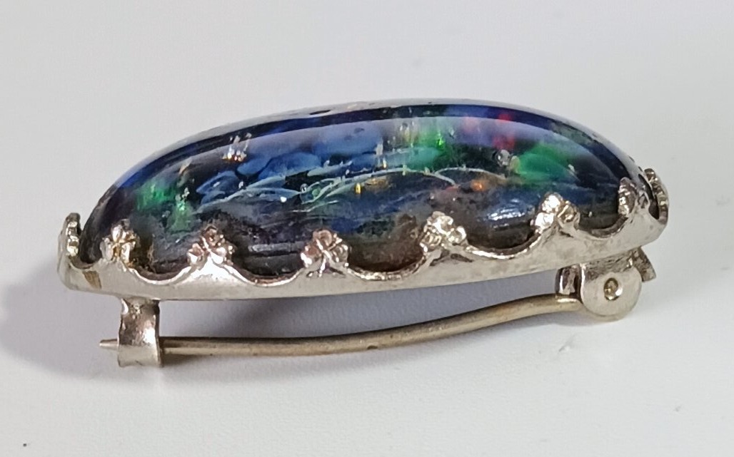 Vtg (Antique?) Silver-tone Brooch w/ Dark Blue & Multicolor Foiled Art Glass