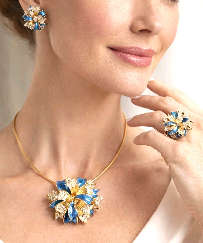 Retired Joan Boyce Flower Necklace Brooch Earrings Ring Jewelry Set, Rare js-