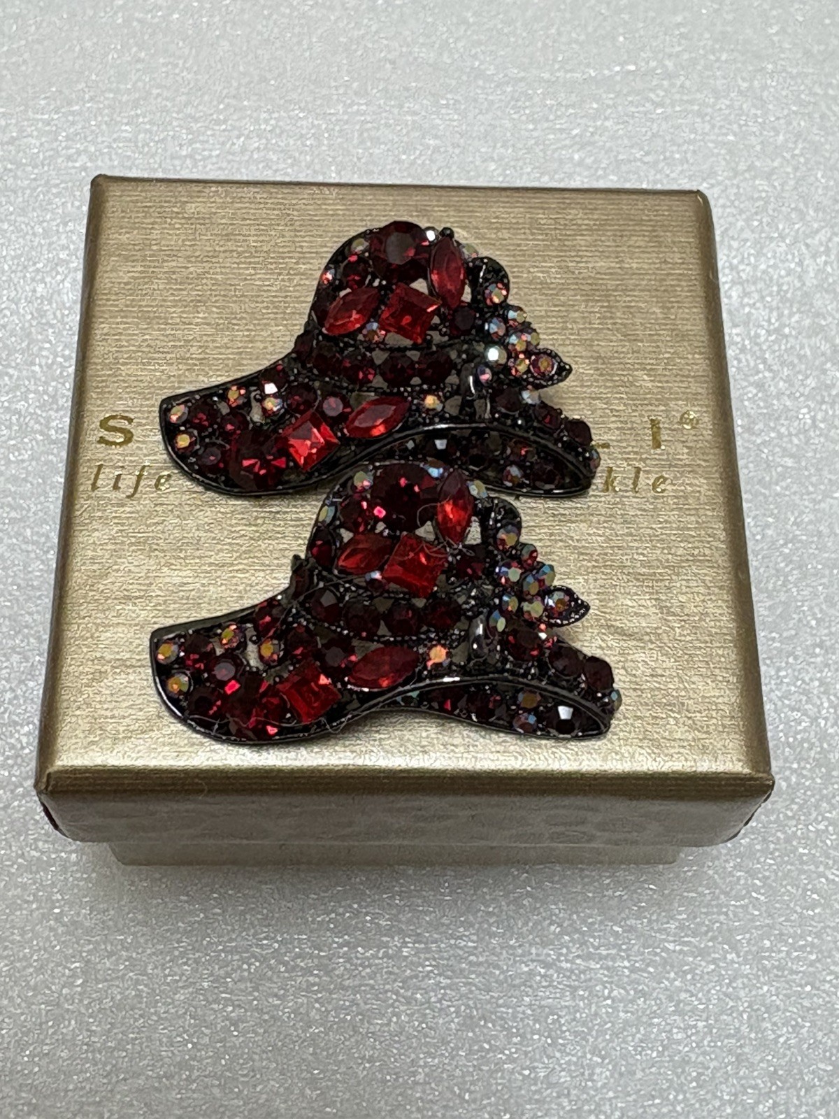 Vintage Red Iridescent Rhinestone Open Work Hat Brooch Pin Lot of 2 RHS Lovely