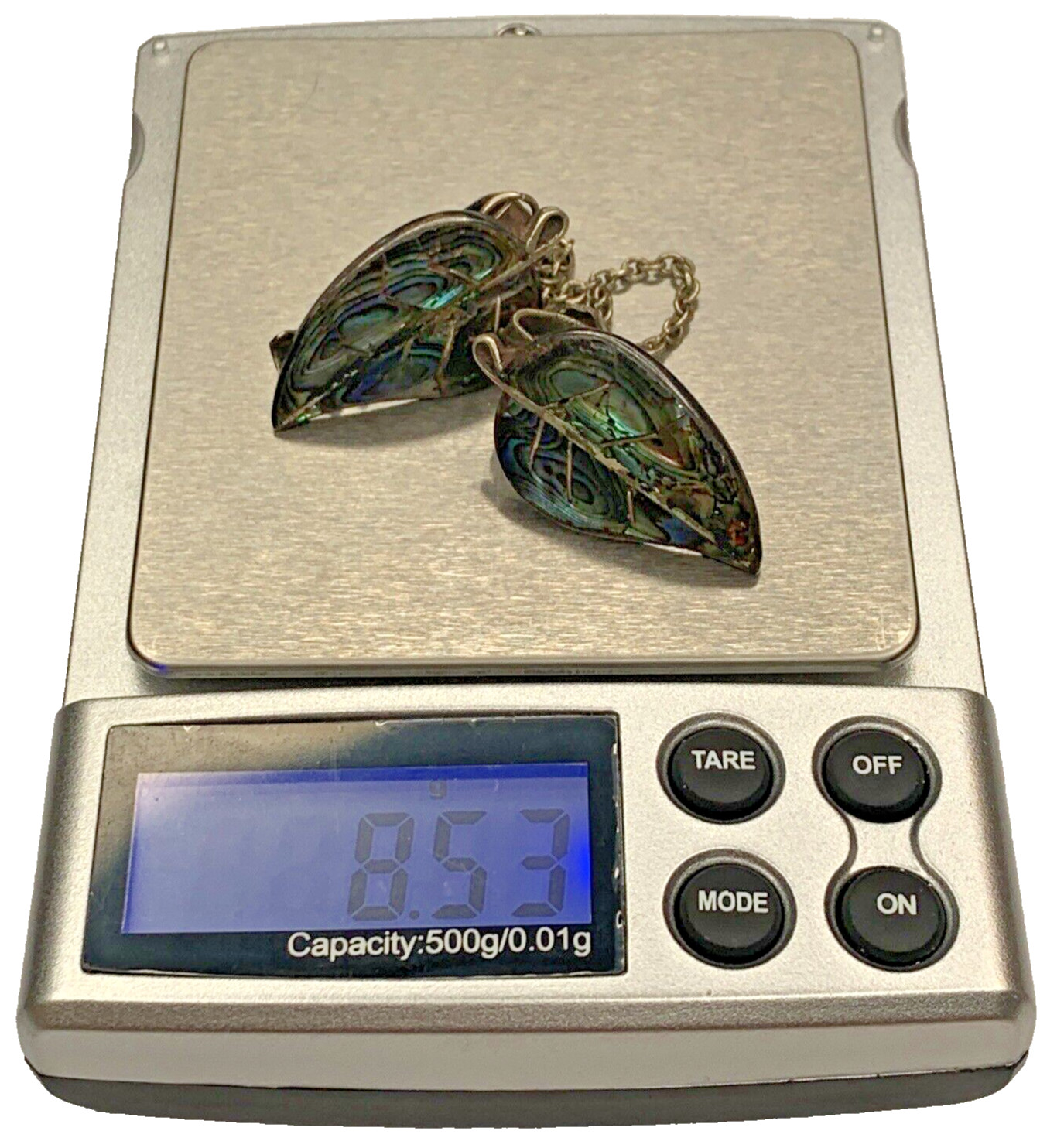 Vintage Sterling 925 Taxco Mex Abalone Leaf 1” Cardigan Sweater Brooch Clips 8G
