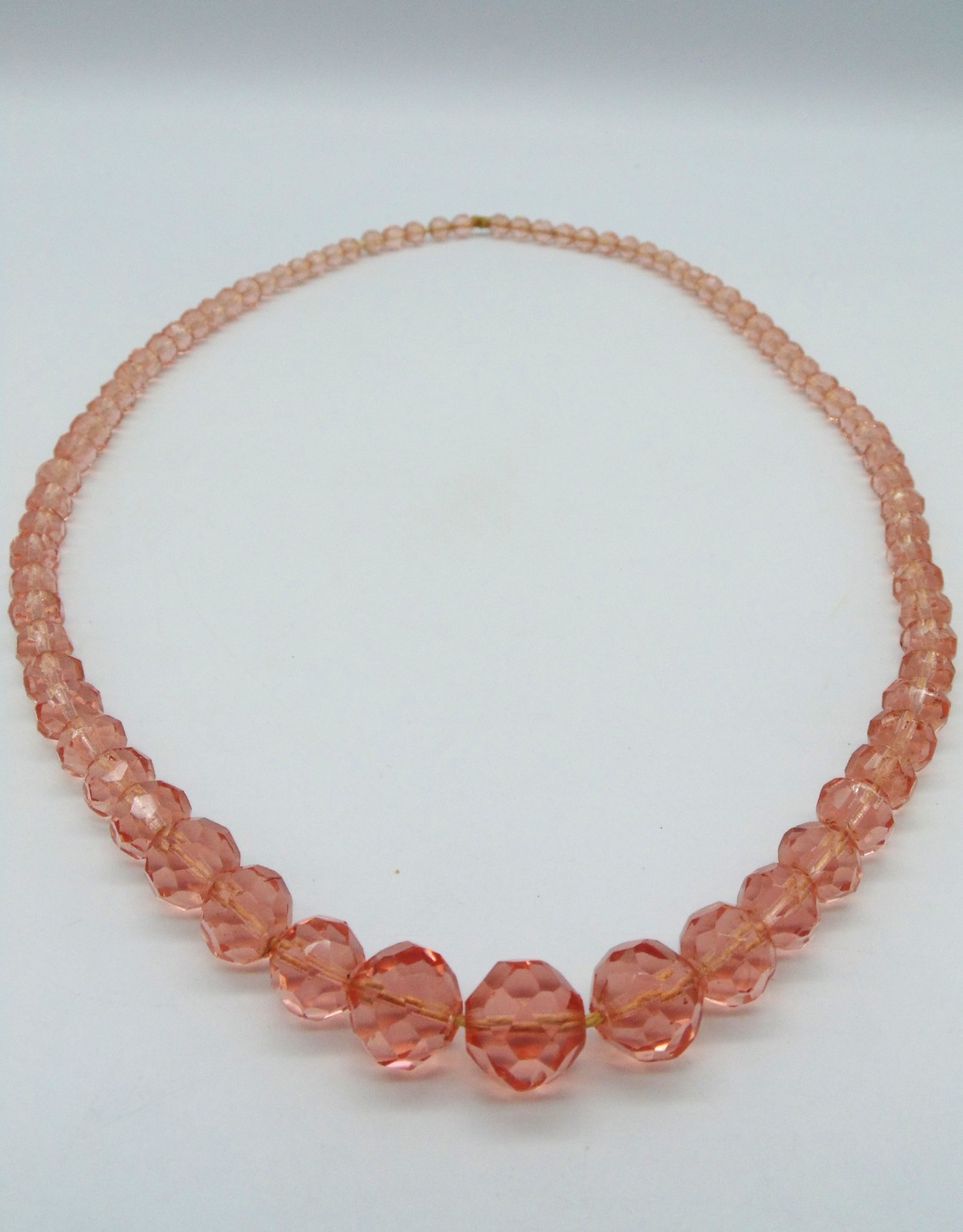 Older VTG PEACH PINK Crystal Glass NECKLACE ~ Graduated Size Faceted Beads 28″