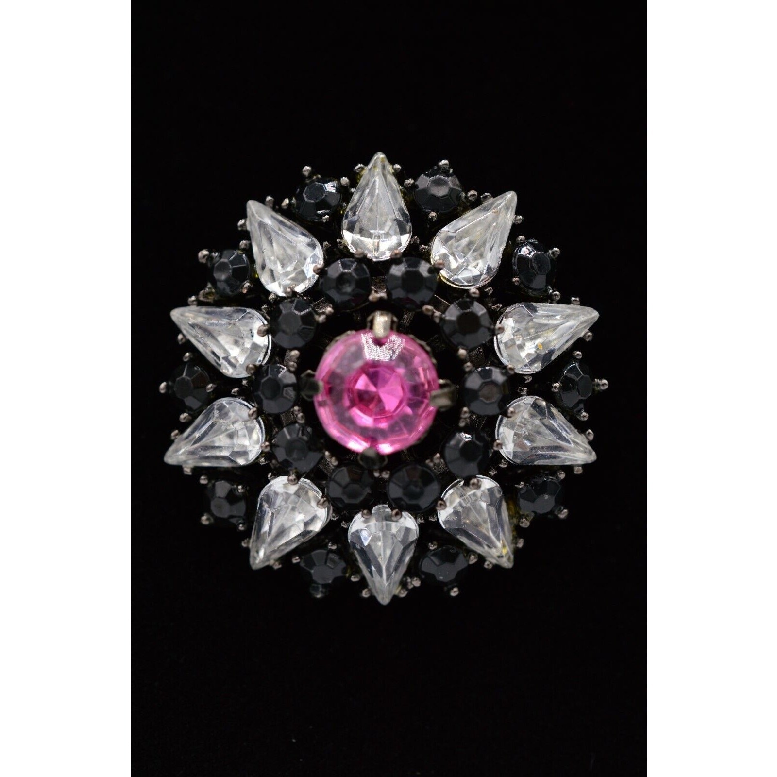 Vintage Pink Crystal Starburst Pin Brooch Rhinestone Black Gunmetal 1980s Bin5B