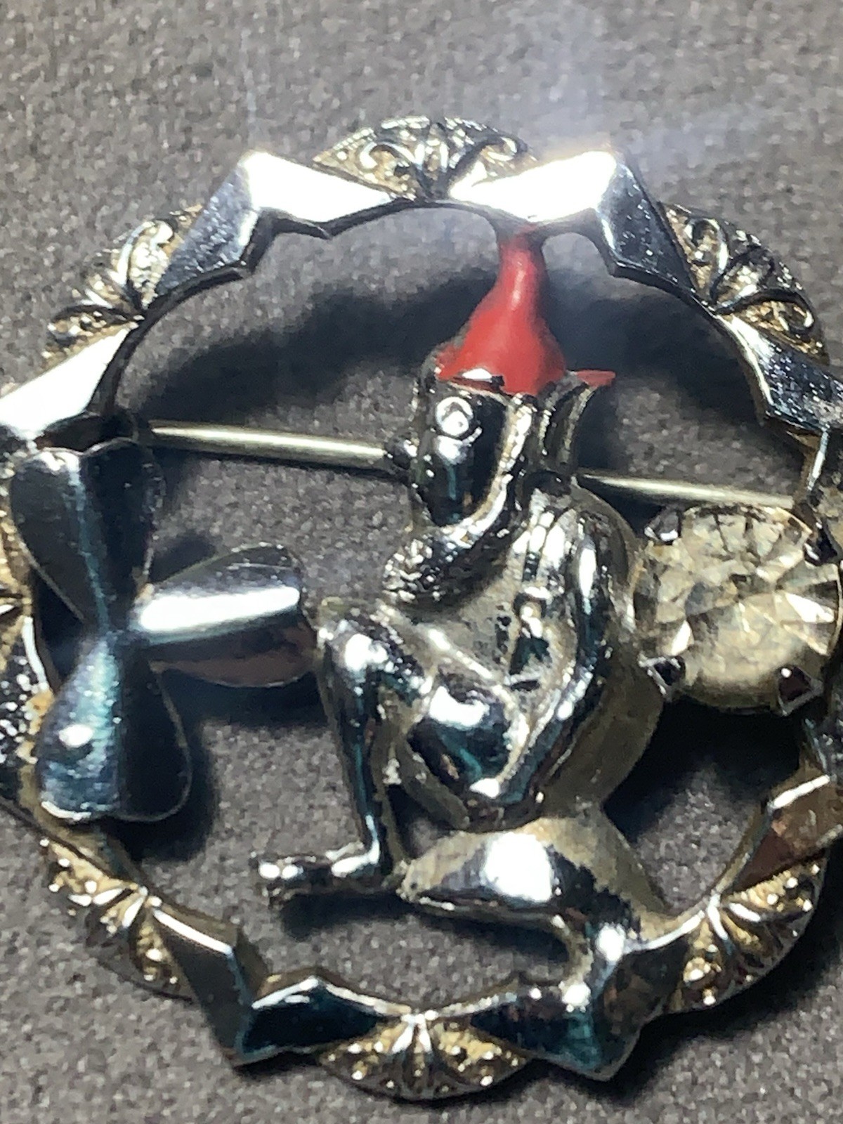 Vintage Irish Leprechaun Brooch Signed Mizpah w/ 3 Leaf Clover & Rhinestone