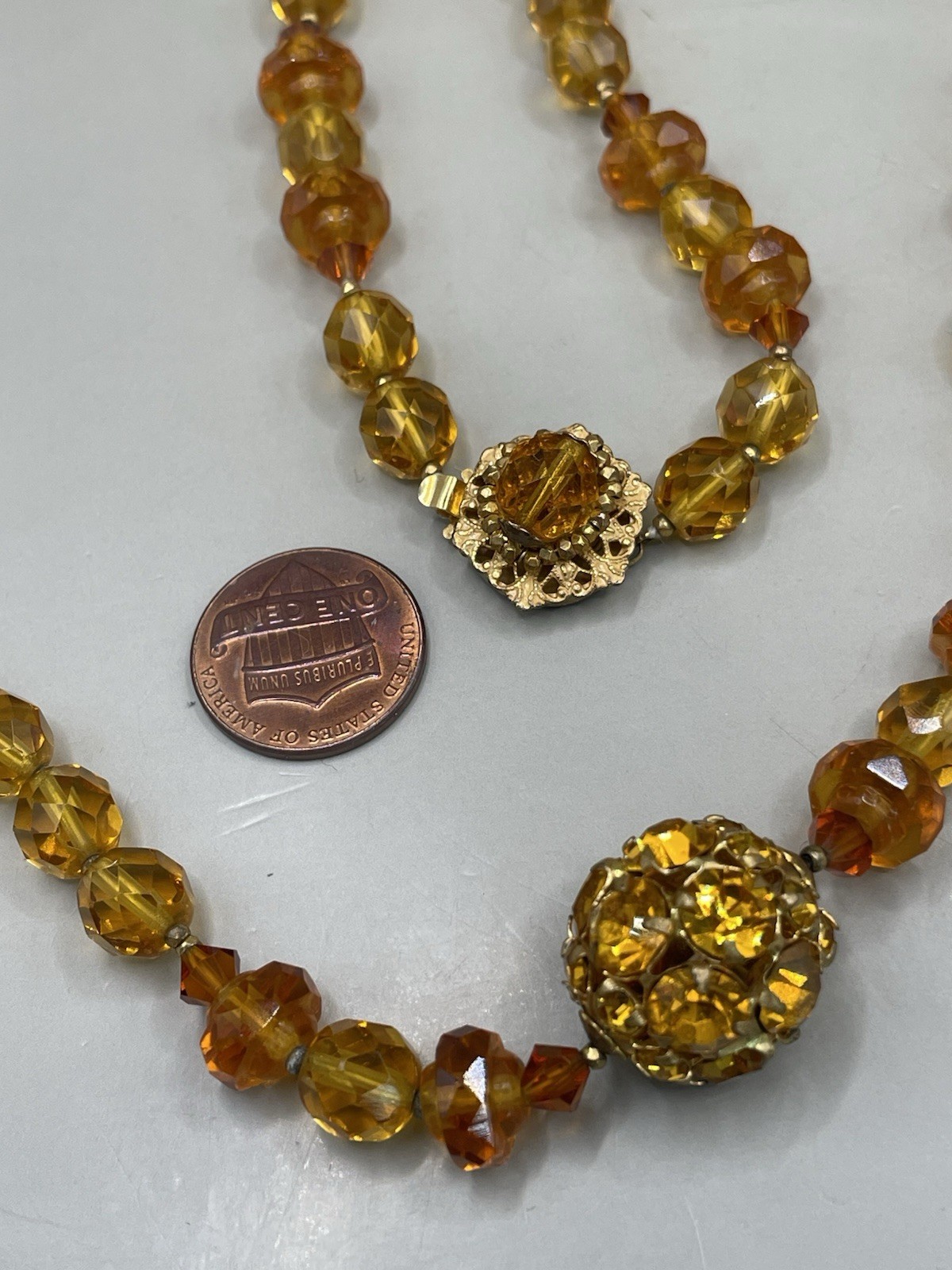 Vintage Miriam Haskell Beaded GoldTone Rhinestone Ball Pendant 30” Necklace