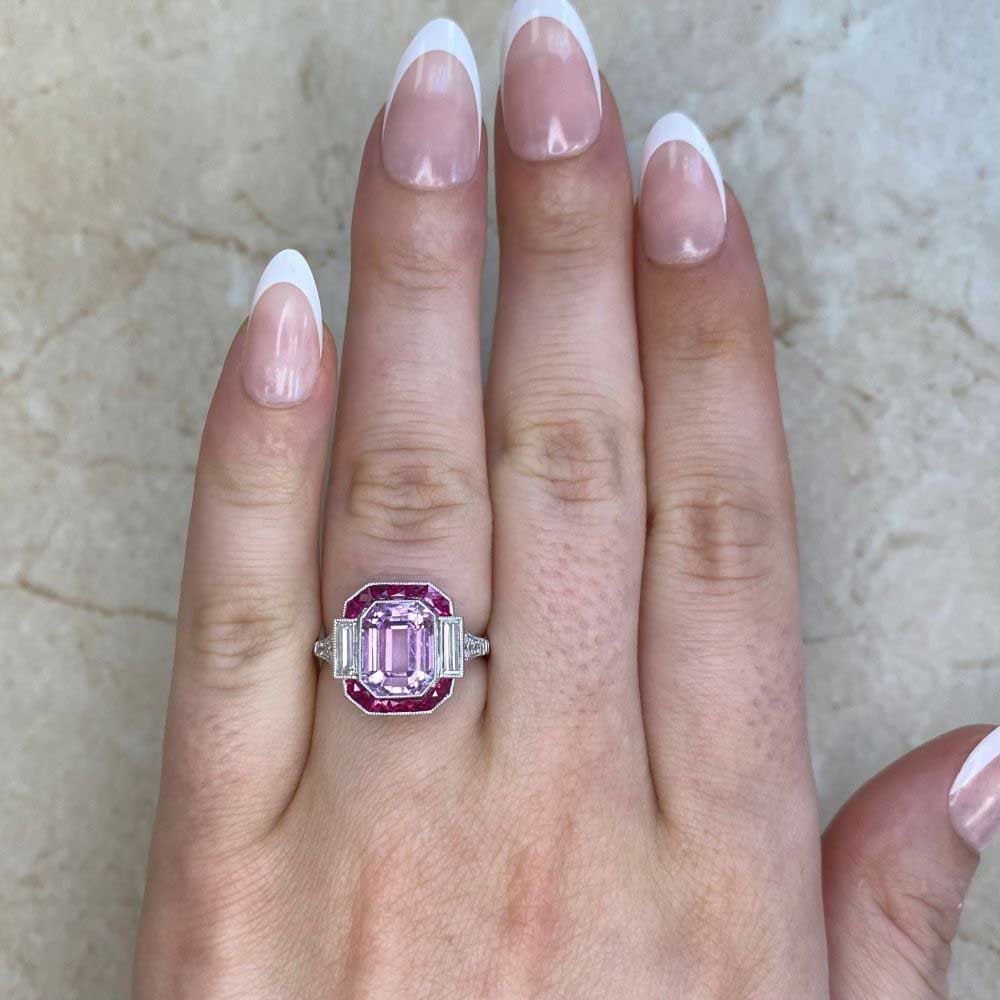 Art Deco Style 4Ct Lab Created Pink Sapphire Engagement 14K White Gold FN Ring