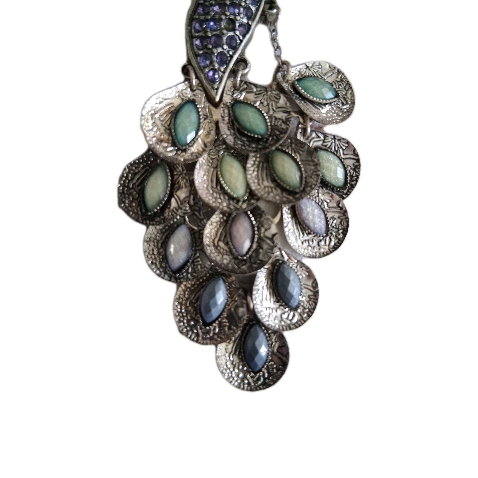 Boho Vintage Peacock Pendant Articulated Purple Green Rhinestones No Chain