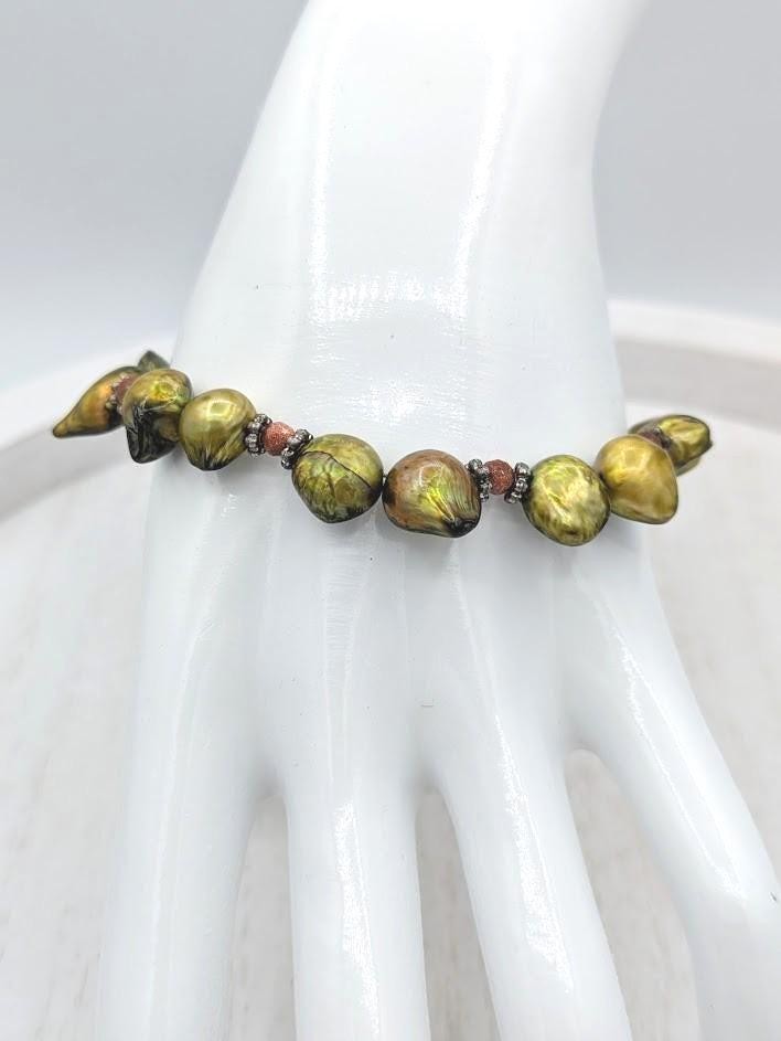 Vintage Baroque Pearl Bracelet Goldstone Artisan Toggle 7.25in