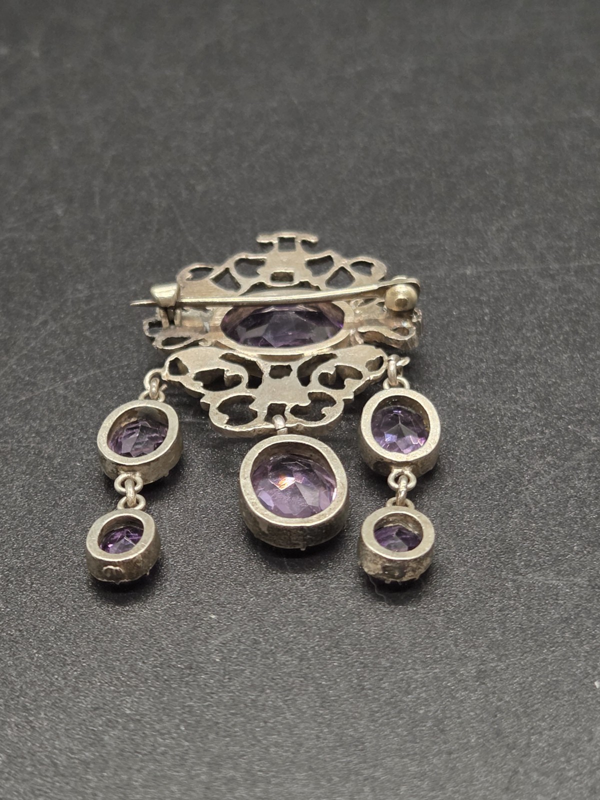 Antique Victorian Sterling Silver Purple Amethyst Dangle Brooch Festoon Pin OOAK