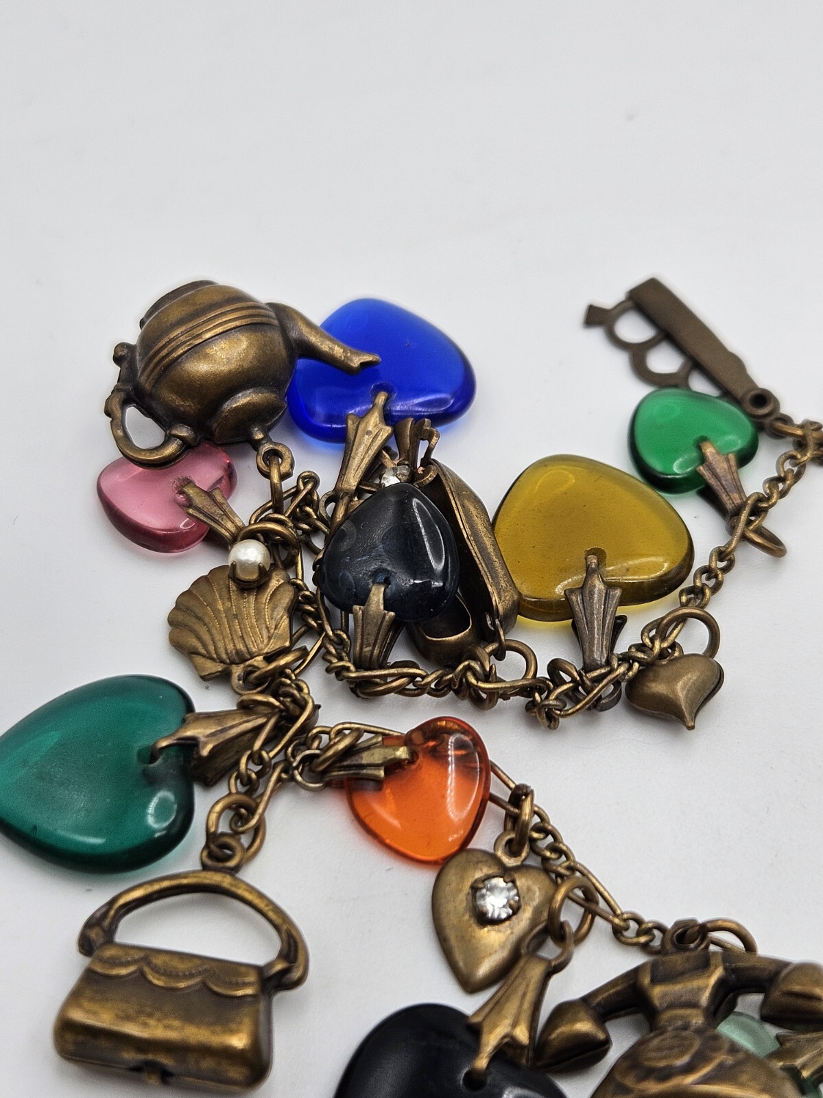 Glass Works Studio Brass Tone Multicolor Glass Dangle Hearts Charm Necklace