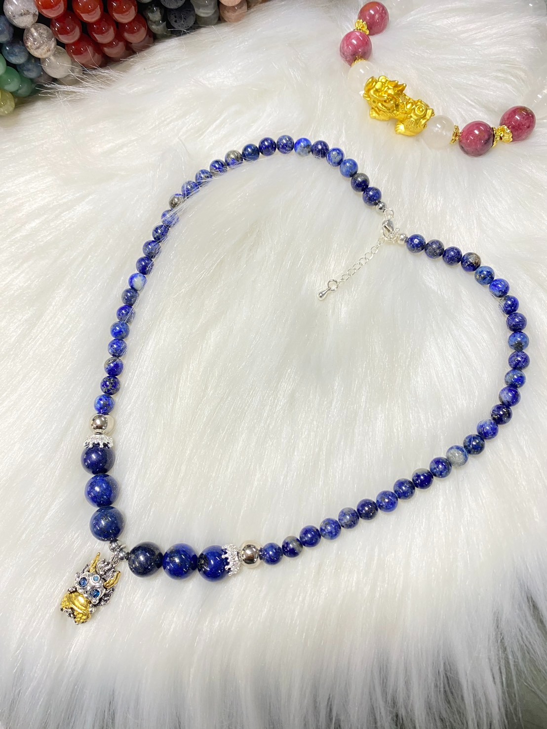 Natural Lapis Lazuli Beaded Necklace with Chinese Dragon Pendant Protection Amul