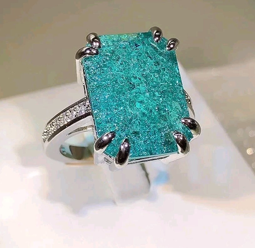 Shiny 10 CT Emerald Cut Lab-Created Paraiba Tourmaline Ring 925 Sterling Silver