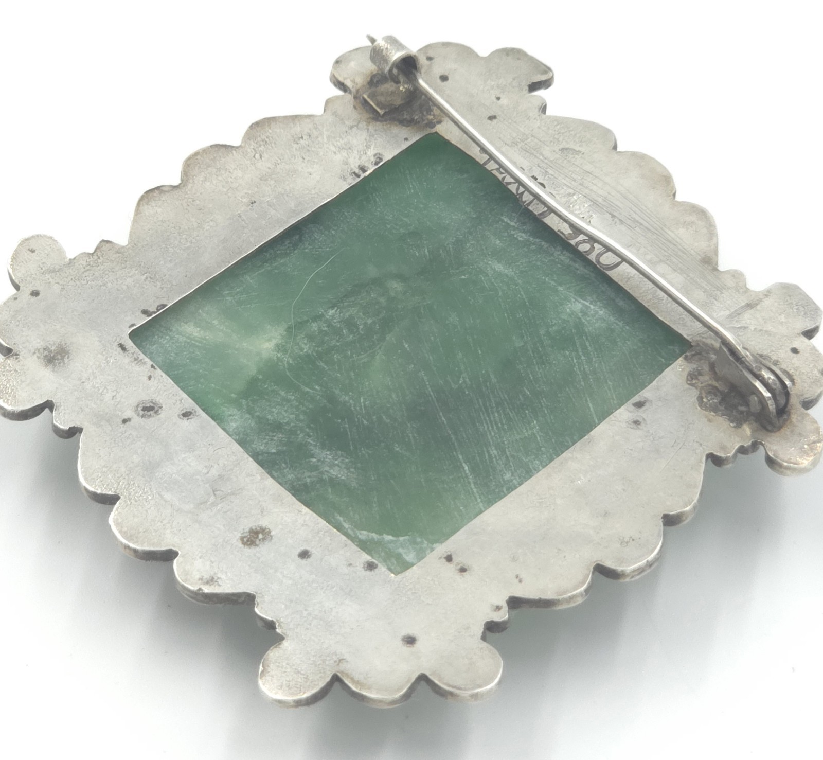 Vintage Taxco 980 Sterling Silver Carved Jadeite Aztec Warrior Brooch