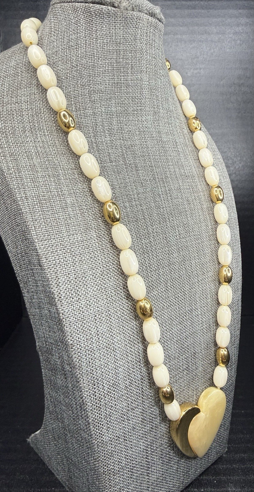 Vintage Napier Beige Lucite Bead Necklace with Cream and Gold Heart Pendant