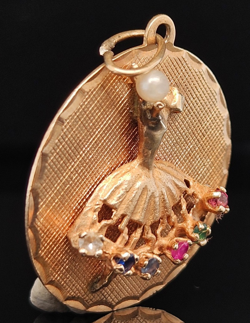 14K Gold JEWELED DANCER Pendant Ruby Sapphire Pearl Vintage Ballerina Ballet