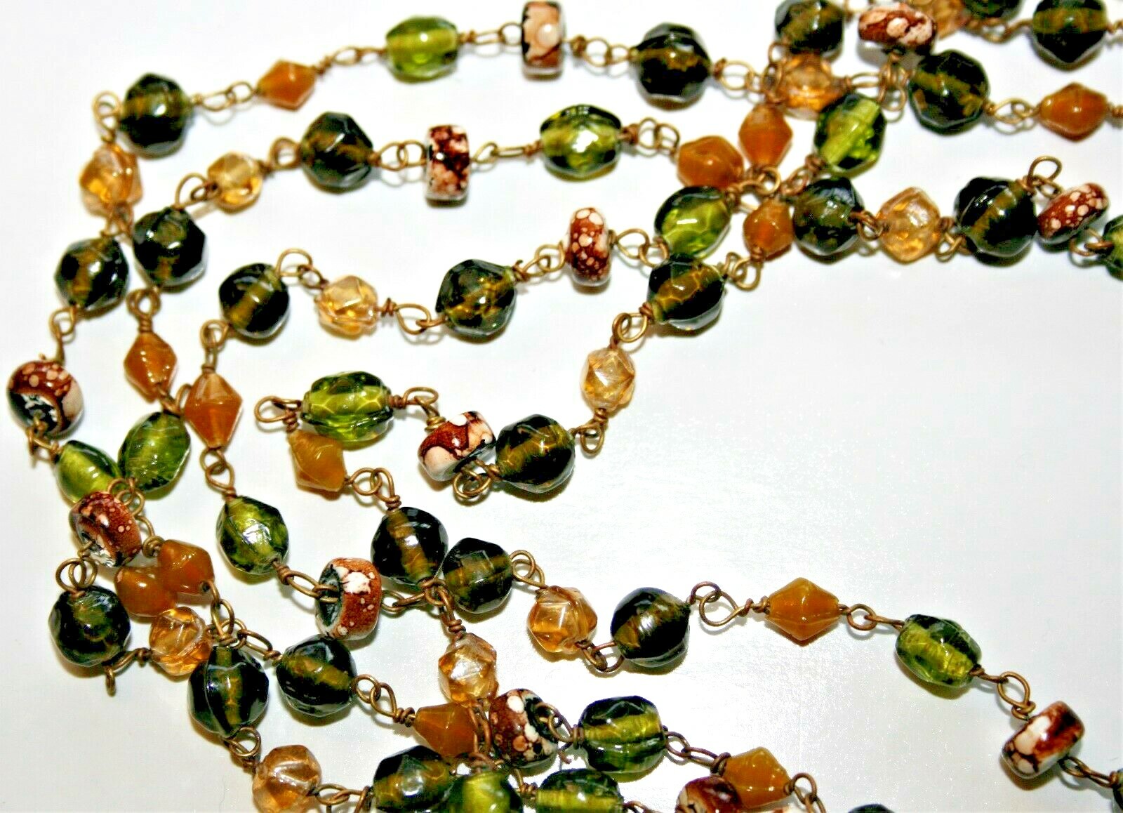 Pretty Antique Earthtones Multi-shape Molded Glass Beads Hand Wired 62″ Necklace