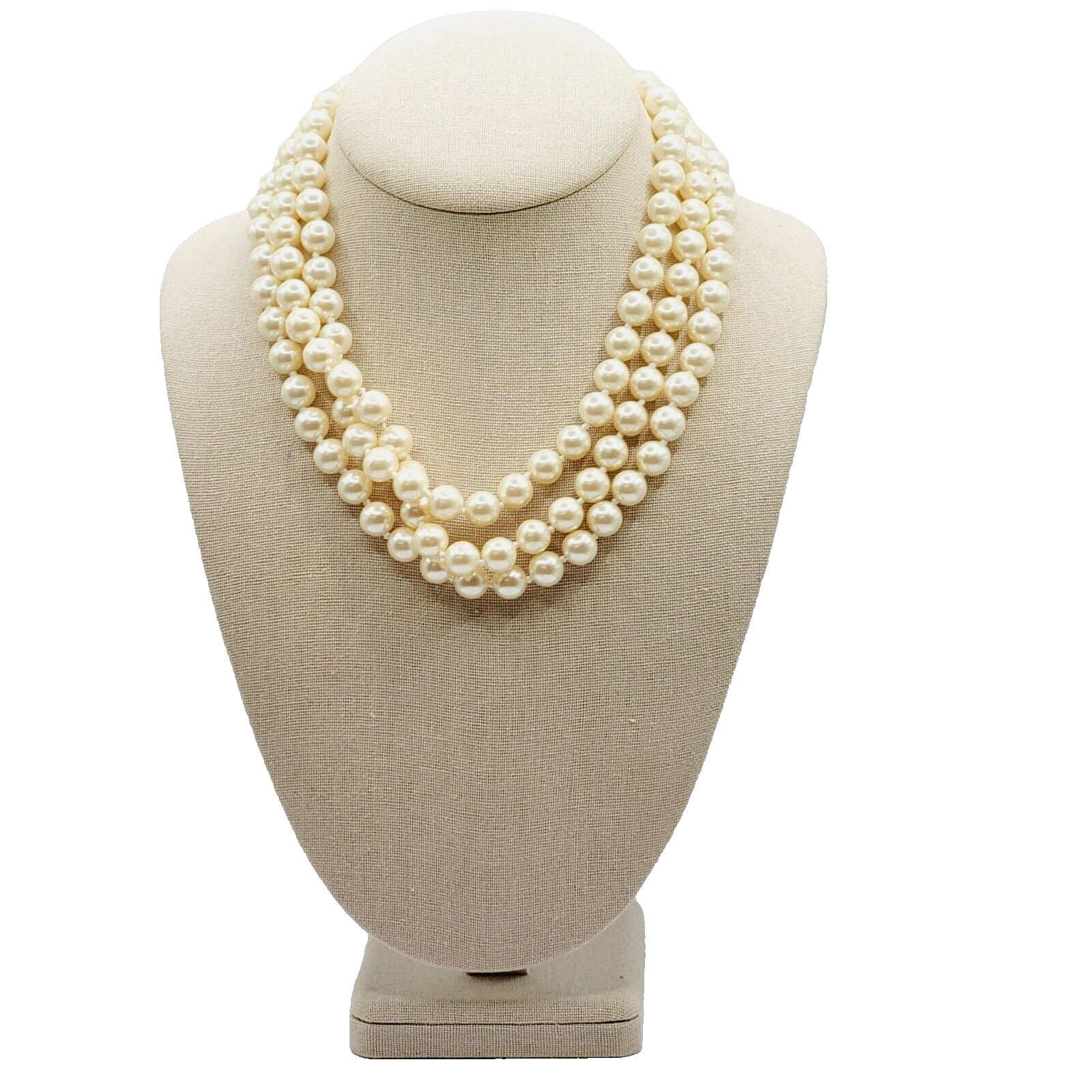 Triple Strand Faux Pearl Hand Knot Gold Tone Clam Shell Charm Clasp Vtg Necklace
