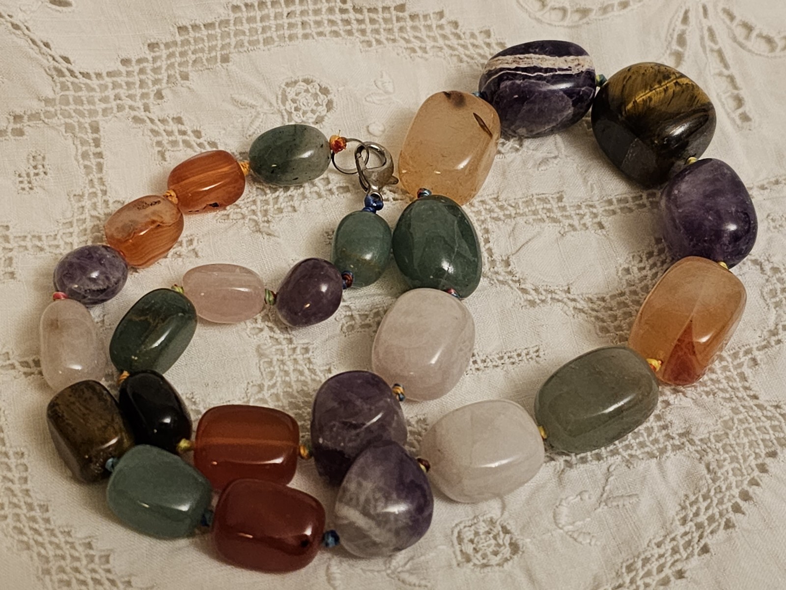 Vintage Natural Carnelian Agate Jade Aventurine Tiger’s Eye Bead Necklace